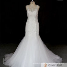 Custom Made Wedding Dress Manufacturers Scoop Neck Ivory Applique Lace Mermaid Bridal Gown